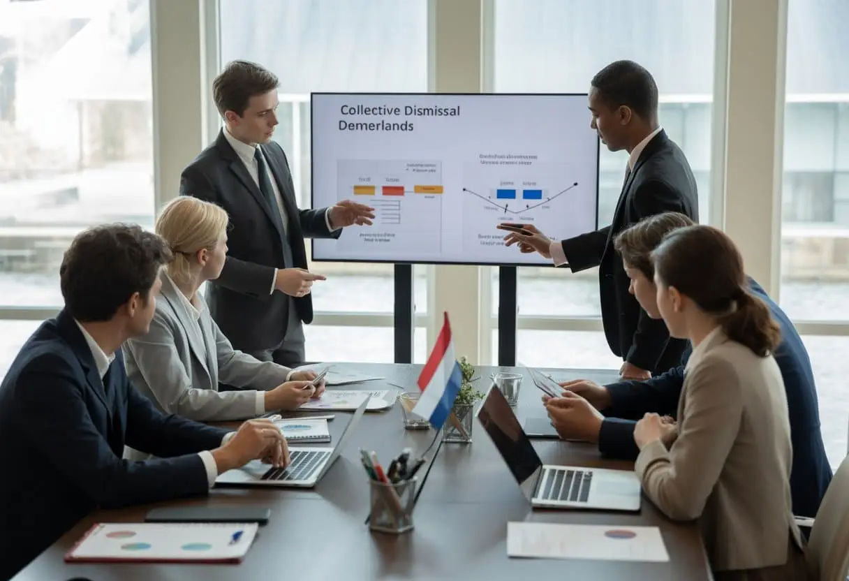 Een groep zakelijke professionals die in een moderne kantoorruimte rond een vergadertafel zitten en een formele bespreking voeren over een proces.