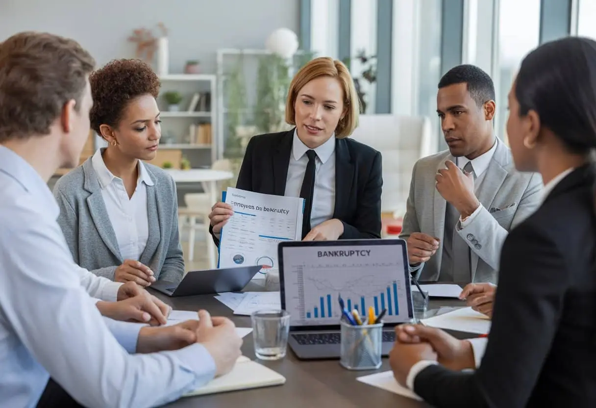 Een groep werknemers luistert aandachtig naar een adviseur die hun rechten bij het faillissement van de werkgever uitlegt in een kantooromgeving.
