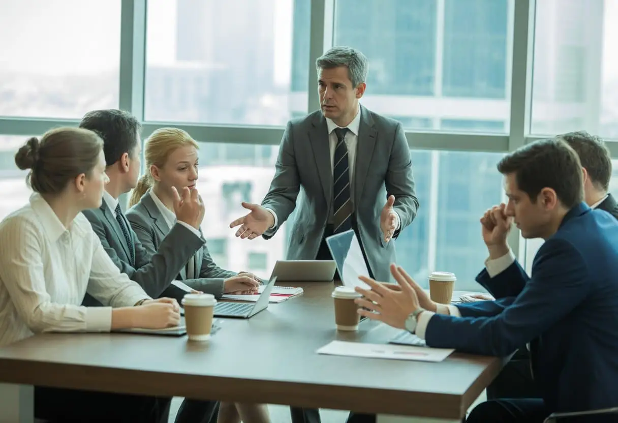 Een groep werknemers en een HR-manager zitten rond een vergadertafel in een kantoor en bespreken belangrijke zaken.