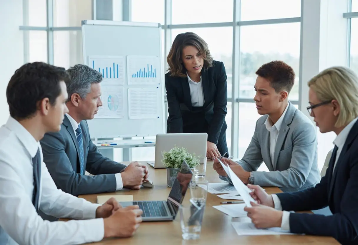 Een zakelijke vergadering met werknemers en een HR-manager die belangrijke arbeidscontracten en rechten bespreken in een moderne kantooromgeving.