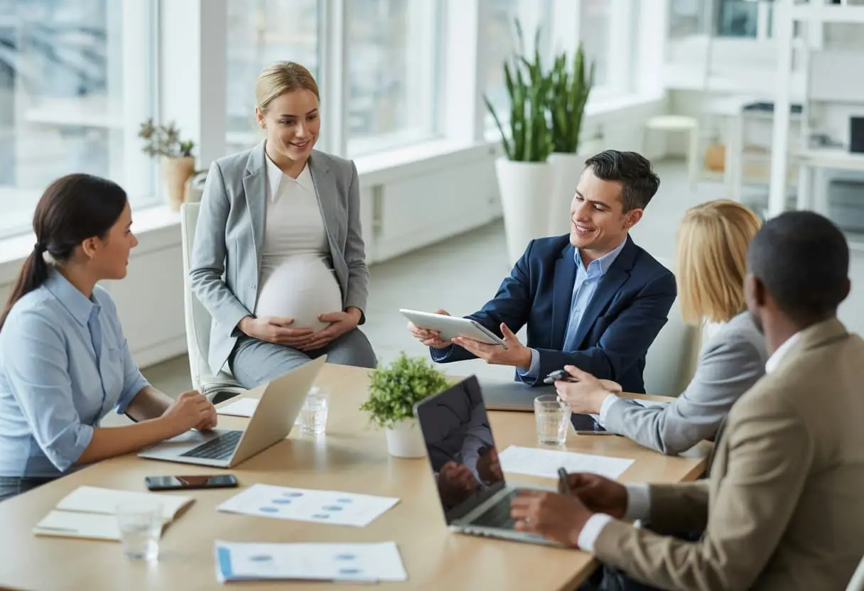 Een groep werknemers in een kantoor vergadert over arbeidsrecht en zwangerschapsverlof, met een zwangere vrouw en een HR-manager die documenten bespreken.