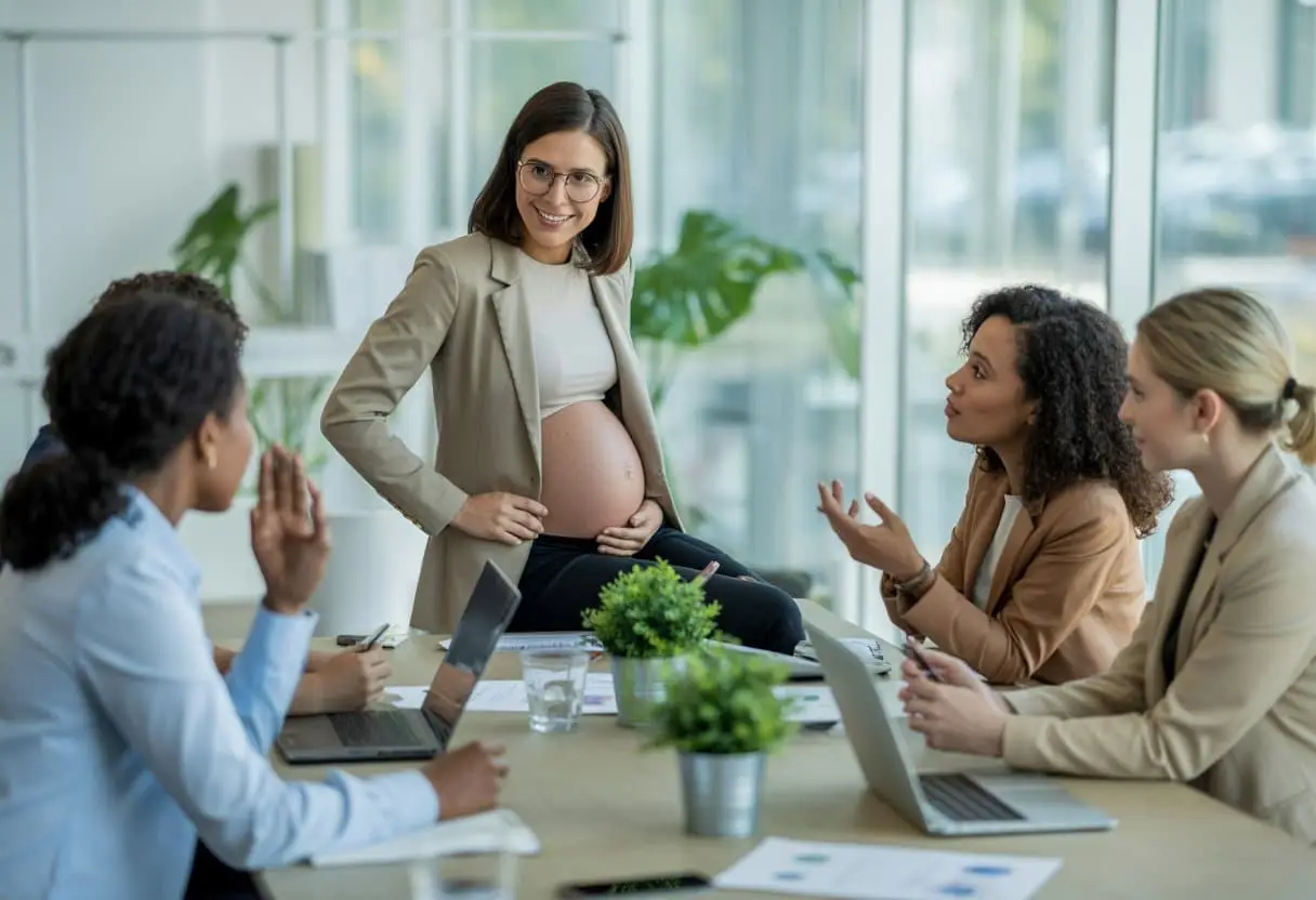 Een zwangere vrouw in een kantooromgeving praat met collega’s aan een vergadertafel over zwangerschapsverlof.