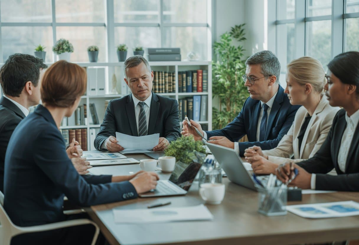 Een groep zakelijke professionals bespreekt juridische documenten over ziekteverzuim en re-integratie in een moderne kantooromgeving.