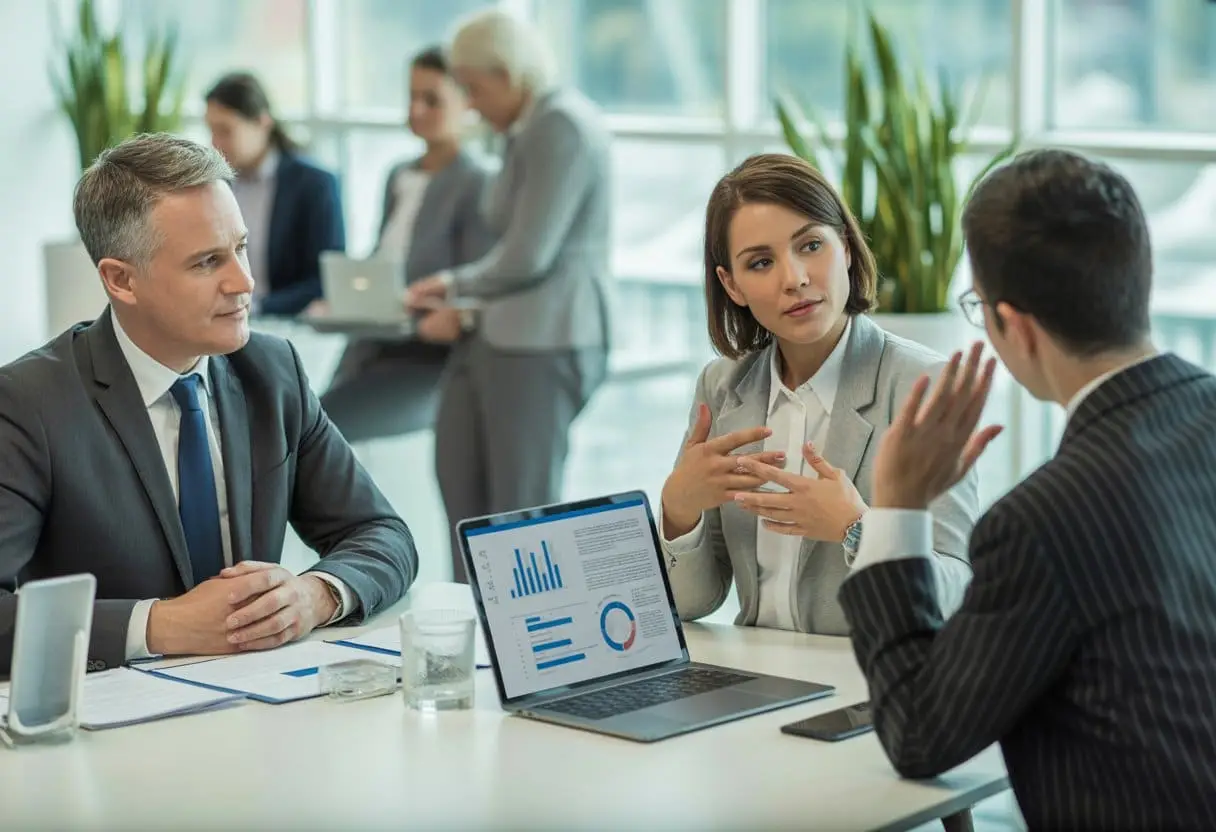 Een werkgever en werknemer in een kantoor die serieus met elkaar praten over ziekteverzuim en re-integratie, met documenten en een laptop op tafel.