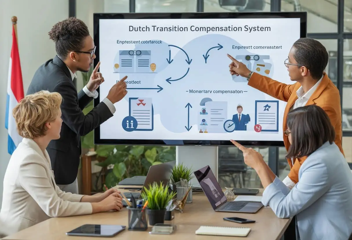 Hoe werkt het Nederlandse systeem van transitievergoedingen? Uitleg & Regels 1 Een groep professionals bespreekt een infographic over het Nederlandse systeem van transitievergoedingen in een moderne kantooromgeving.