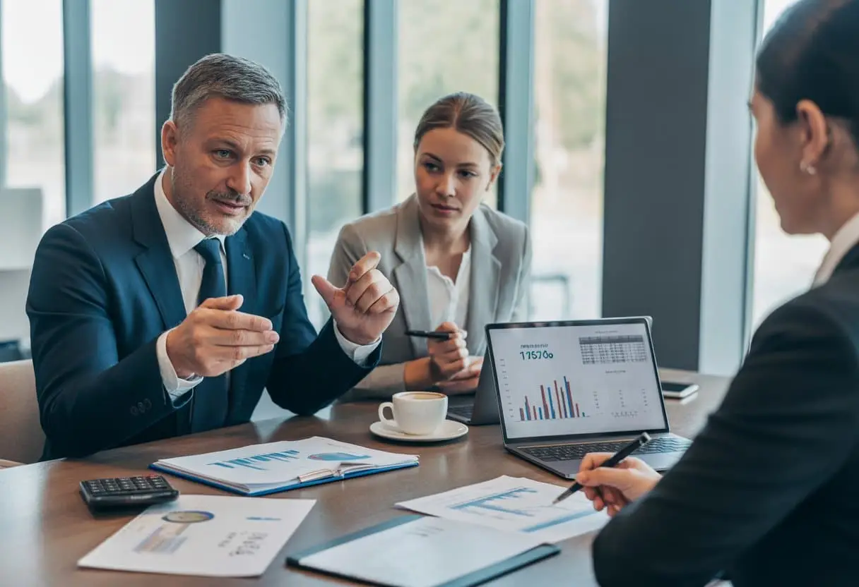 Hoe werkt het Nederlandse systeem van transitievergoedingen? Uitleg & Regels 2 Een groep zakelijke professionals bespreekt financiële documenten in een kantooromgeving.