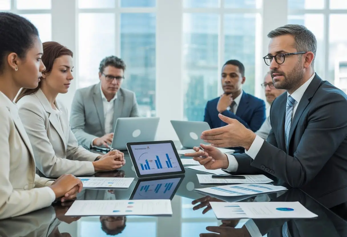 Hoe werkt het Nederlandse systeem van transitievergoedingen? Uitleg & Regels 3 Een groep zakelijke professionals bespreekt transitievergoeding in een moderne vergaderruimte.