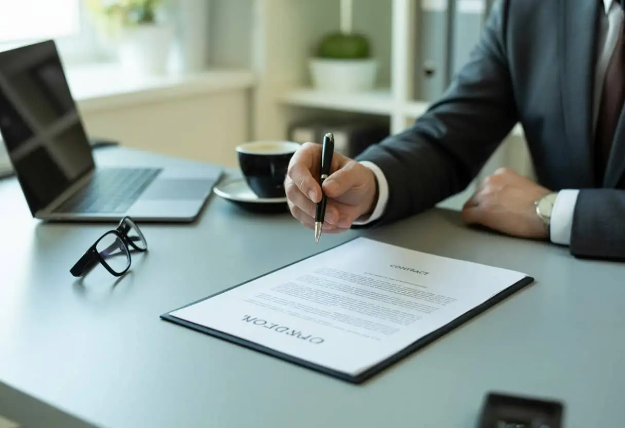 De rol van een arbeidsovereenkomst: Wat moet erin staan? - Essentiële Inhoud en Praktische Tips 1 Een persoon in een kantoor bekijkt een arbeidsovereenkomst op een bureau met een pen in de hand.