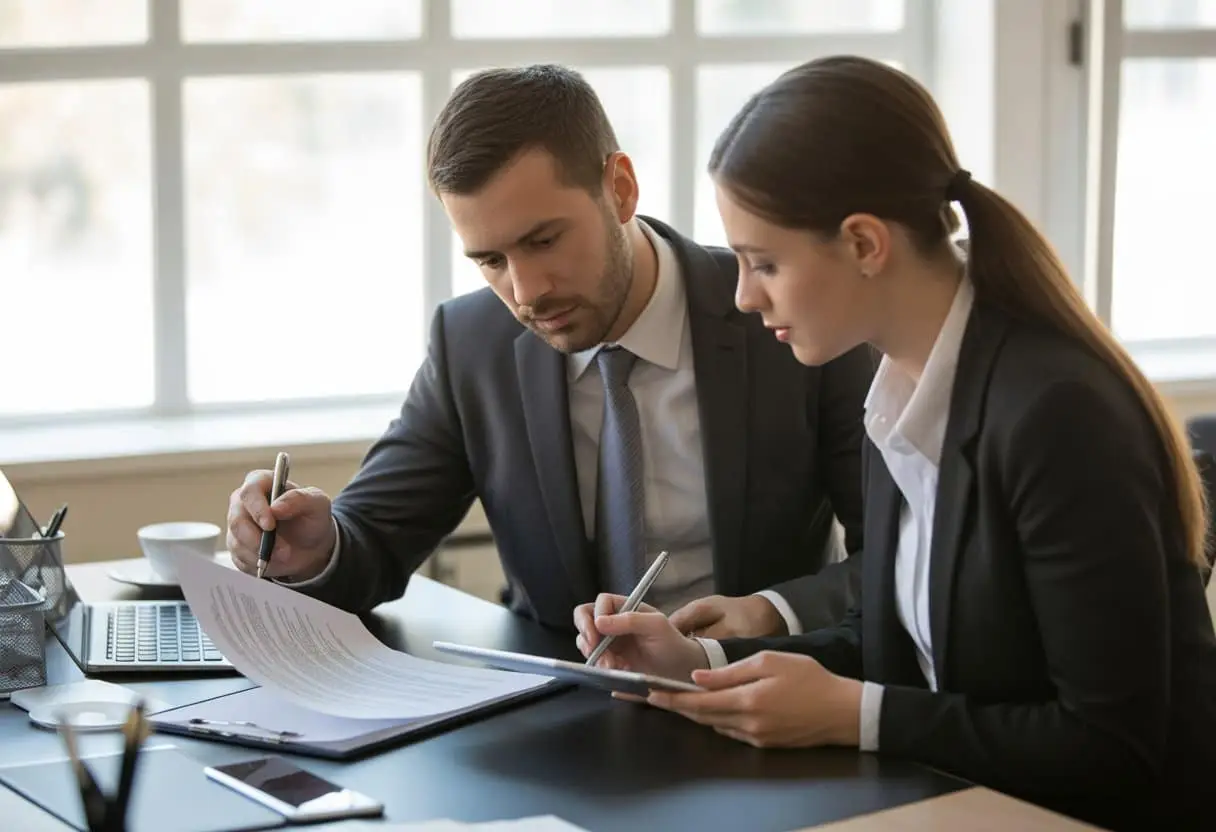 De rol van een arbeidsovereenkomst: Wat moet erin staan? - Essentiële Inhoud en Praktische Tips 2 Twee professionals bespreken een contract in een kantooromgeving.