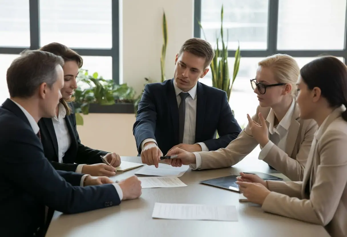 De rol van een arbeidsovereenkomst: Wat moet erin staan? - Essentiële Inhoud en Praktische Tips 3 Een groep professionals bespreekt arbeidscontracten tijdens een vergadering in een kantoor.