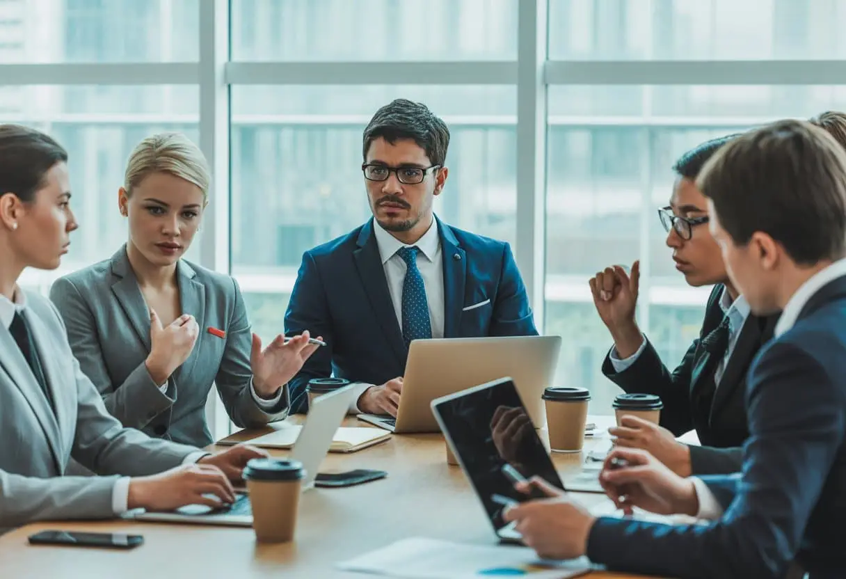 De juridische kant van discriminatie op de werkvloer: regels en aanpak 1 Een diverse groep zakelijke professionals bespreekt serieus iets rond een vergadertafel in een modern kantoor.