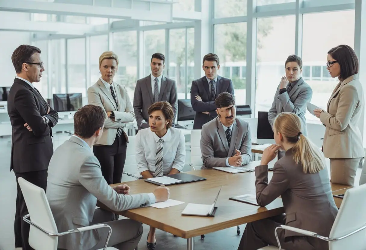 De juridische kant van discriminatie op de werkvloer: regels en aanpak 2 Een diverse groep kantoormedewerkers in gesprek rond een vergadertafel in een moderne kantooromgeving.