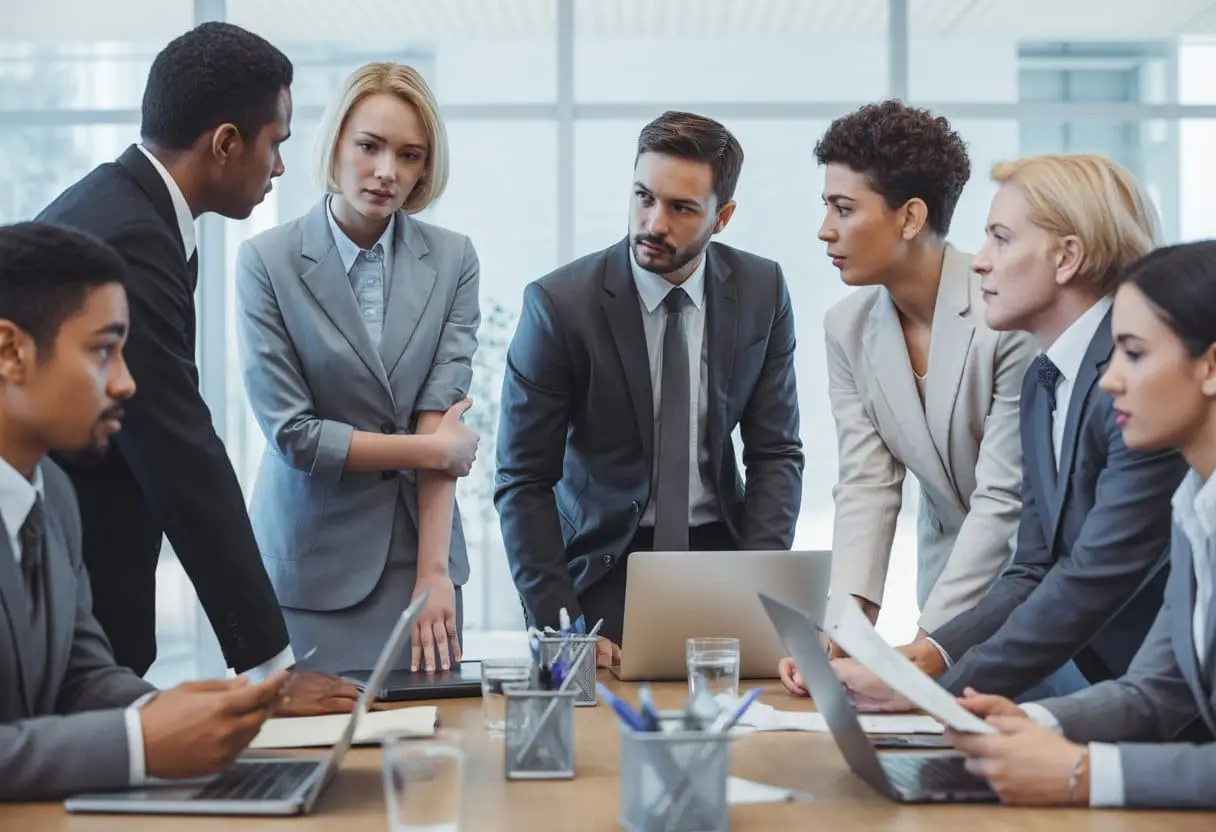 De juridische kant van discriminatie op de werkvloer: regels en aanpak 3 Een diverse groep zakelijke professionals bespreekt serieus zaken aan een vergadertafel in een moderne kantooromgeving.