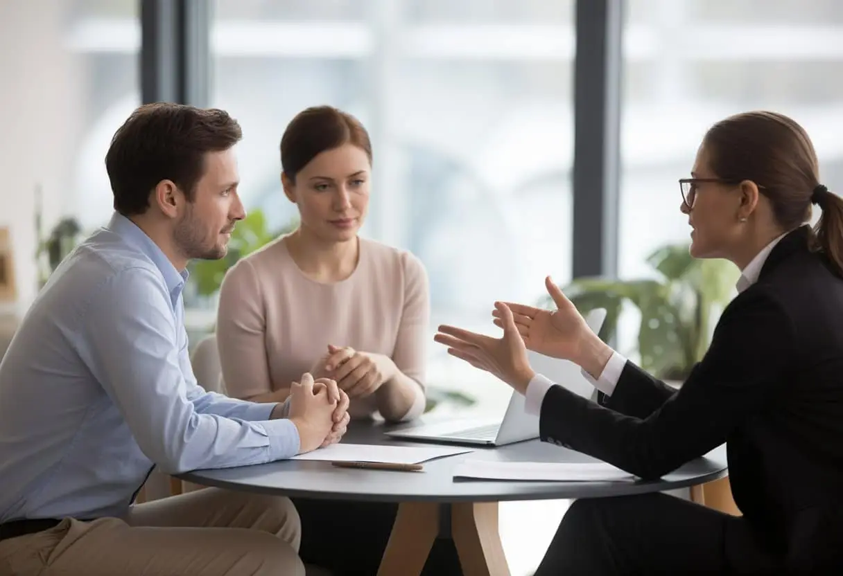 Een man en een vrouw zitten met een mediator aan een tafel in een kantoor, ze bespreken rustig en respectvol een echtscheiding.