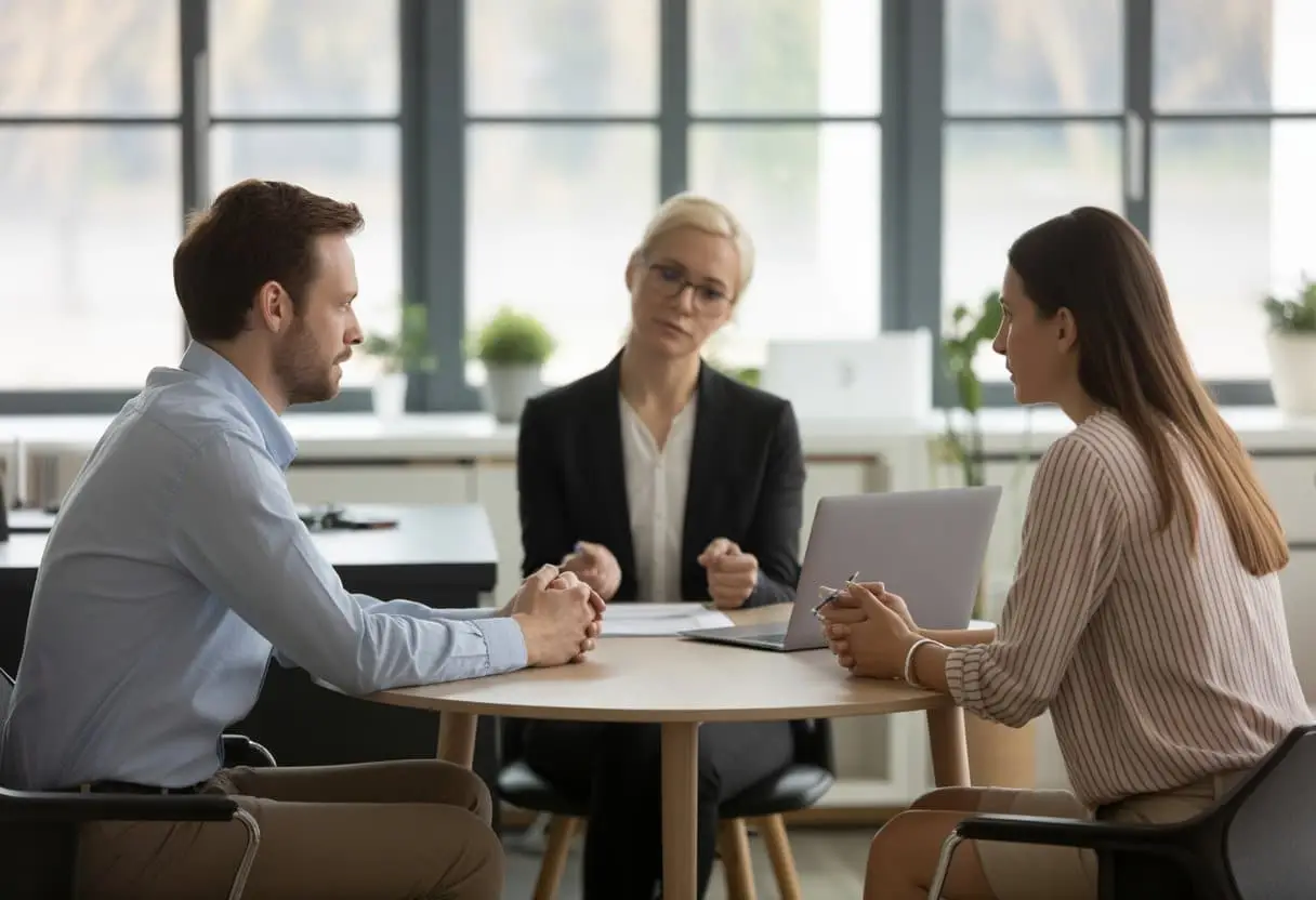 Een man en vrouw zitten samen met een mediator aan een tafel in een kantoor en voeren een rustig gesprek.