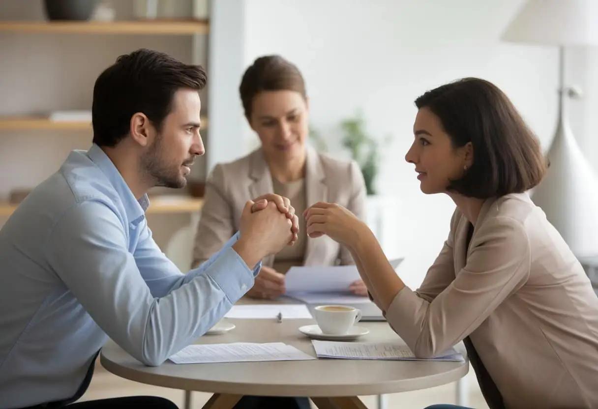 Twee volwassenen zitten aan een tafel en voeren een rustig gesprek terwijl een derde persoon vriendelijk toekijkt in een vergaderruimte.