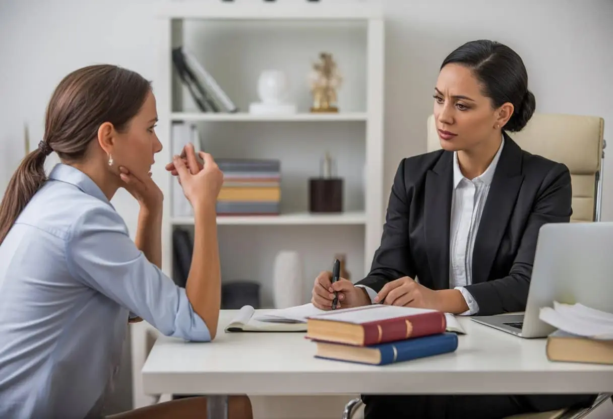 Een vrouwelijke advocaat in gesprek met een bezorgde vrouw in een kantooromgeving.