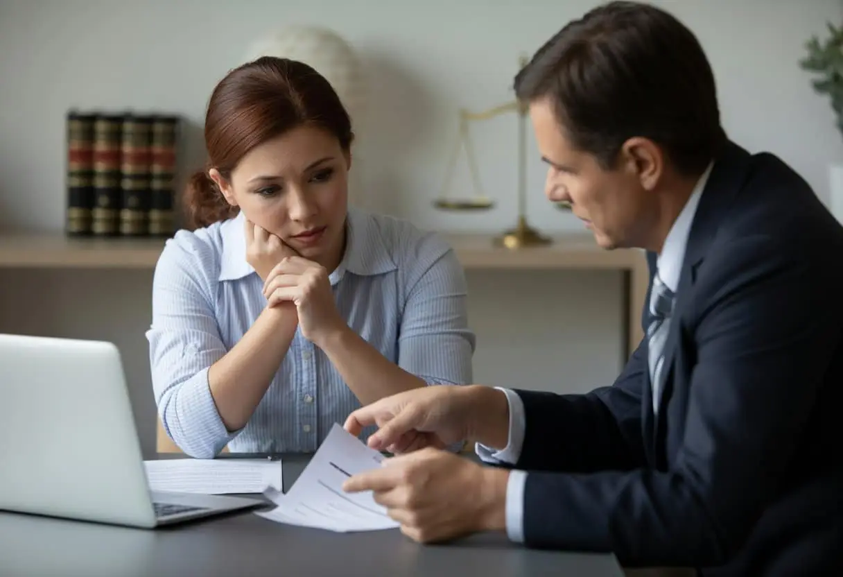 Een vrouw overlegt bezorgd met een advocaat aan een bureau in een kantooromgeving.