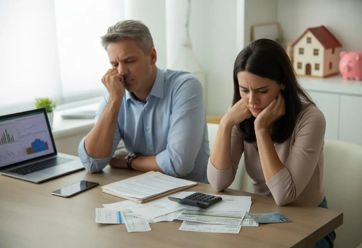 Een man en vrouw zitten aan een tafel met financiële documenten en een rekenmachine, ze kijken bezorgd en nadenkend.