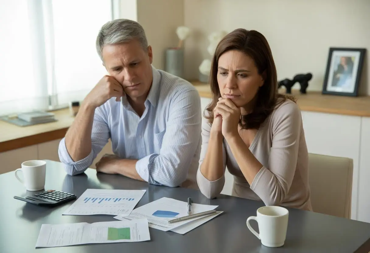 Een man en vrouw zitten aan een tafel en bekijken samen financiële documenten in een huiselijke omgeving.