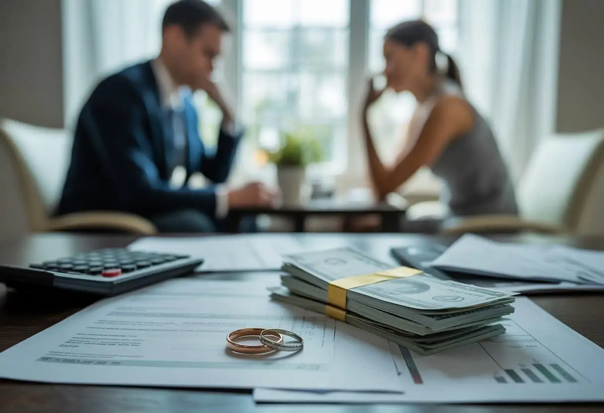 Een kantoorbureau met financiële documenten, een rekenmachine en gescheiden stapels geld naast trouwringen, met op de achtergrond een koppel dat apart zit en nadenkt.