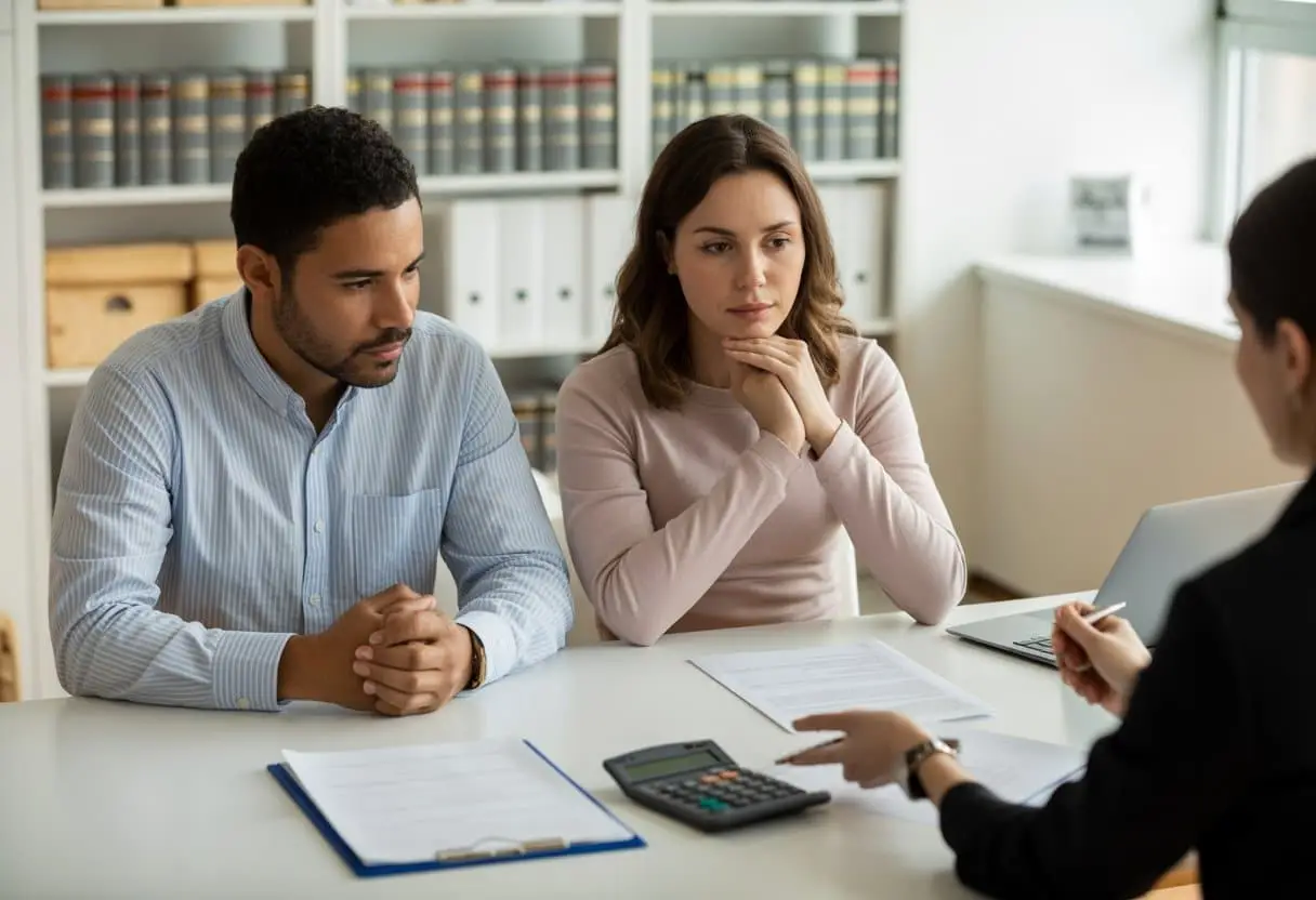 Een koppel bespreekt met een professional documenten over de verdeling van schulden en bezittingen tijdens een echtscheiding in een kantooromgeving.