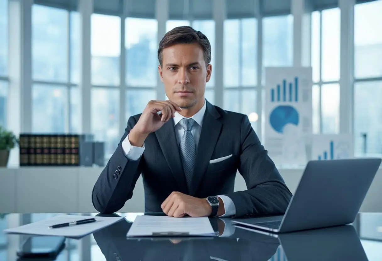Een zakelijke bestuurder zit aan een bureau in een modern kantoor, omringd door documenten en een laptop, met een stadsuitzicht op de achtergrond.