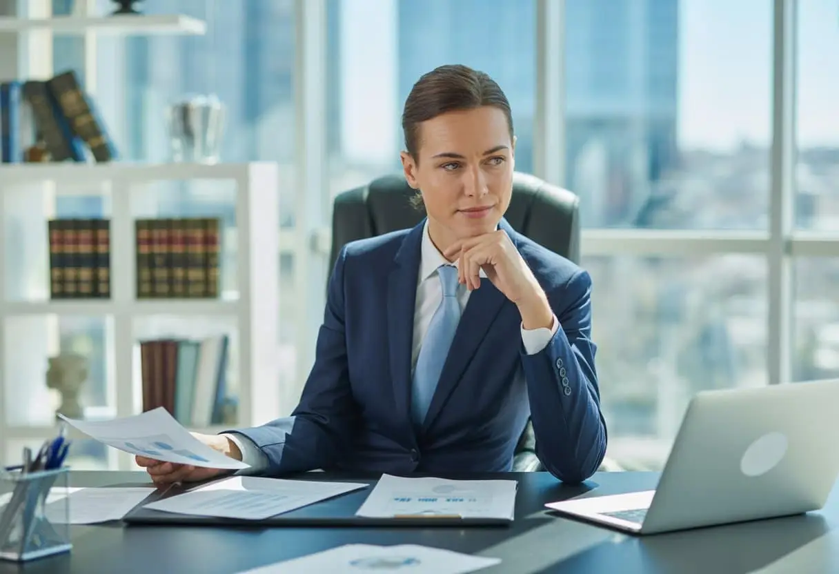Een bestuurder zit aan een bureau in een modern kantoor, bezig met documenten en een laptop.