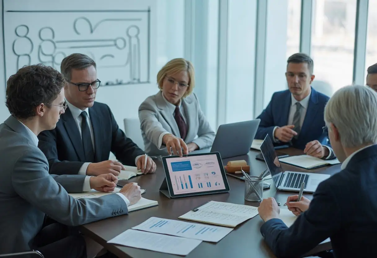 Een groep zakelijke professionals in een vergaderruimte bespreekt documenten en digitale schermen over bedrijf en juridische kwesties.