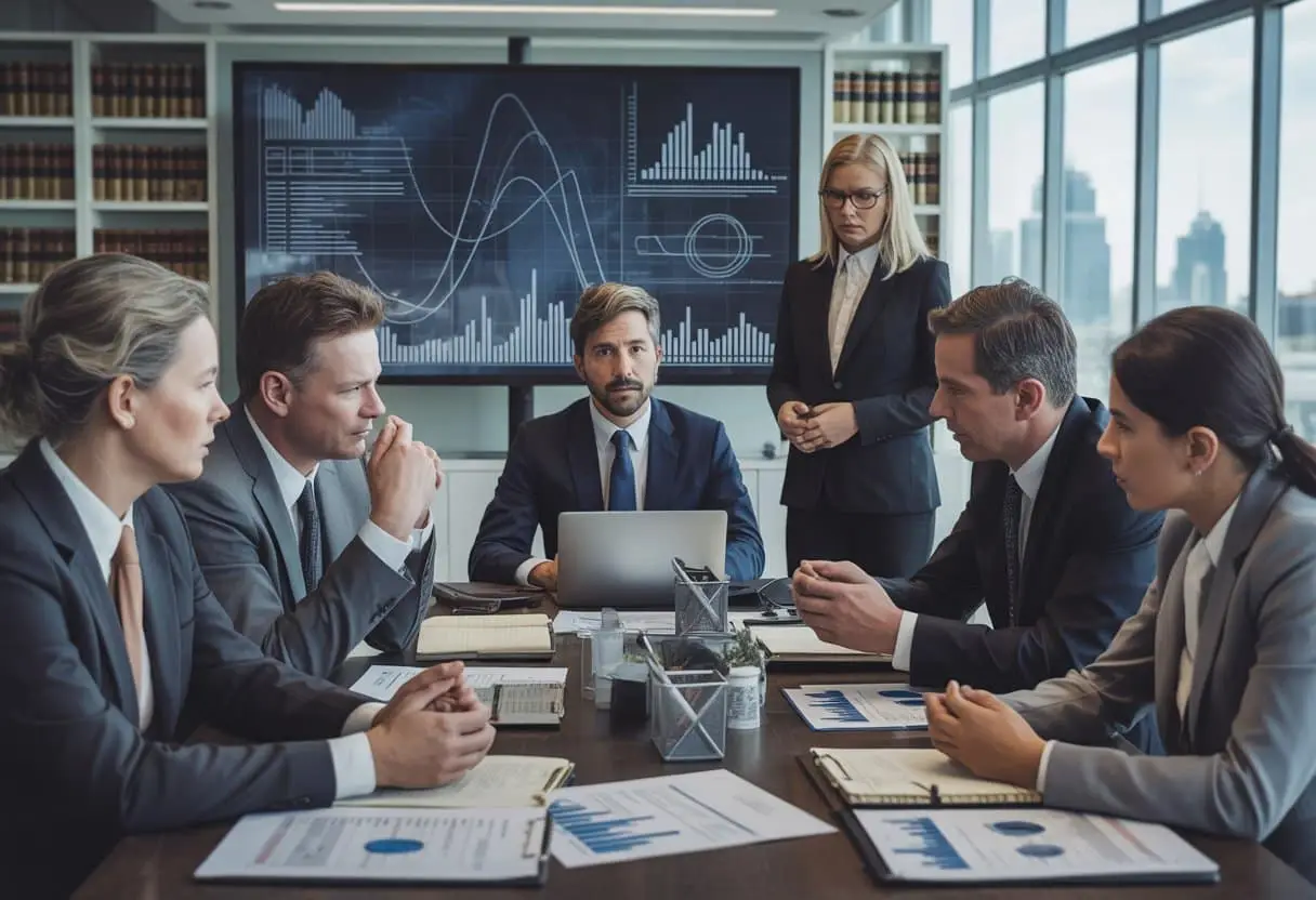 Zakelijke bijeenkomst met professionals die juridische en financiële documenten bespreken in een modern kantoor.