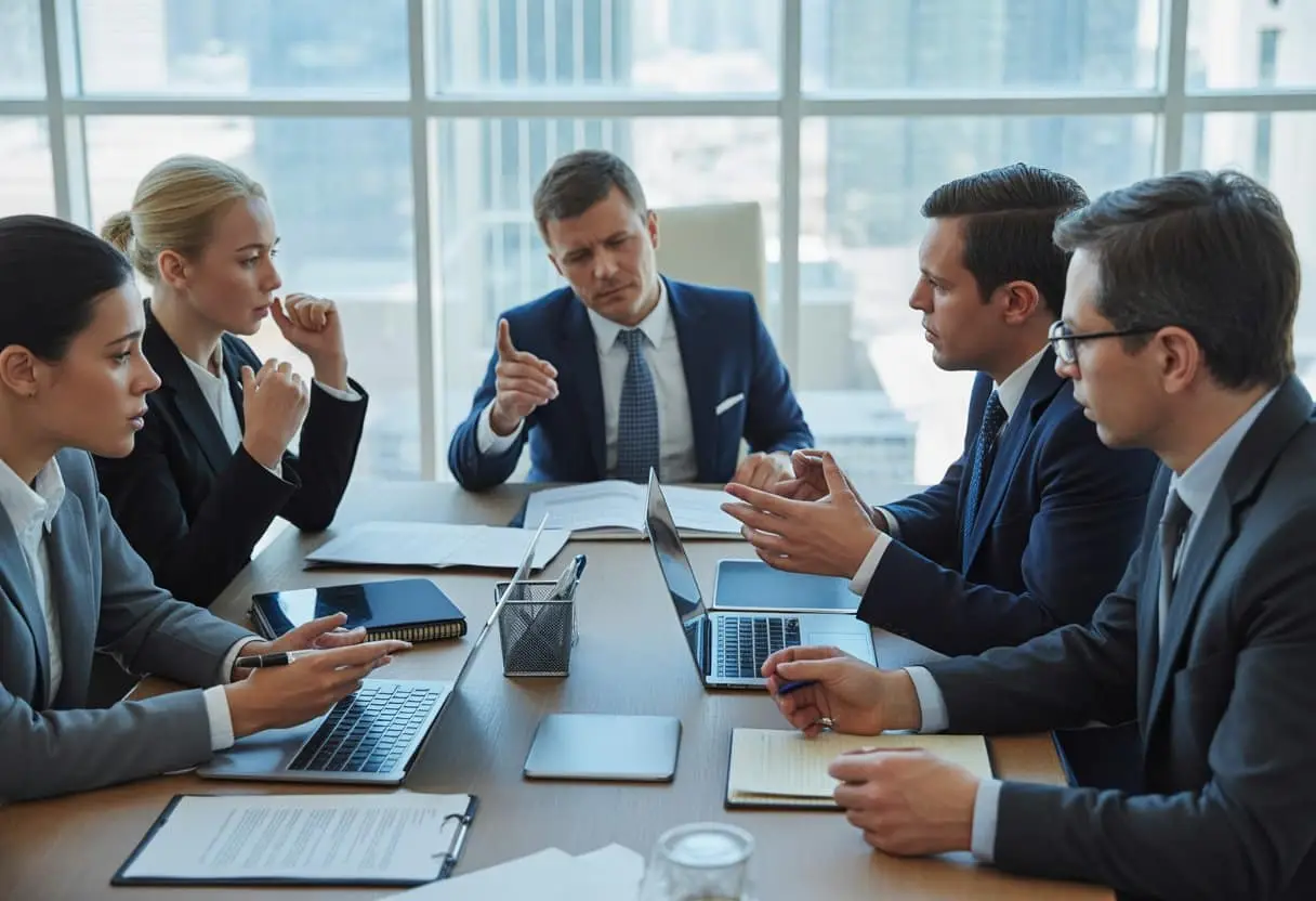 Een groep zakelijke professionals bespreekt documenten rond een vergadertafel in een kantooromgeving.
