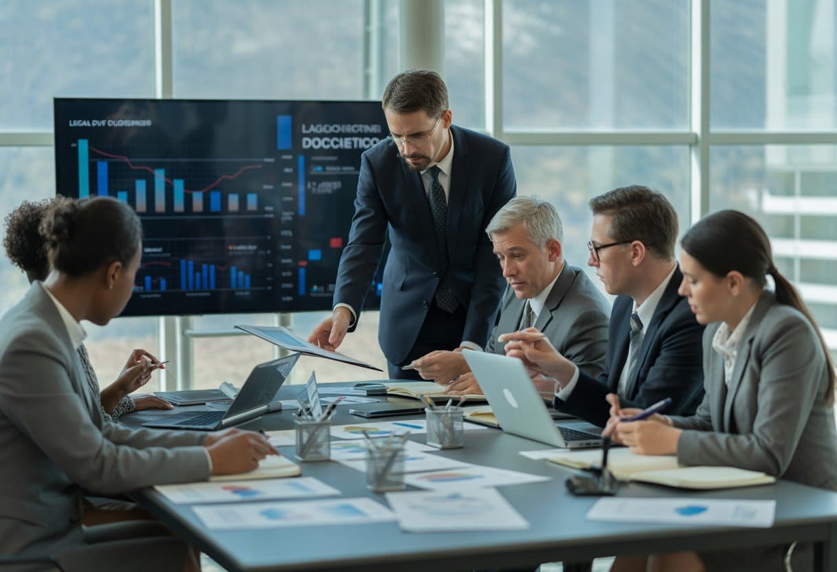 Een groep zakelijke professionals die samen aan een tafel documenten en laptops bekijkt tijdens een juridisch due diligence onderzoek.