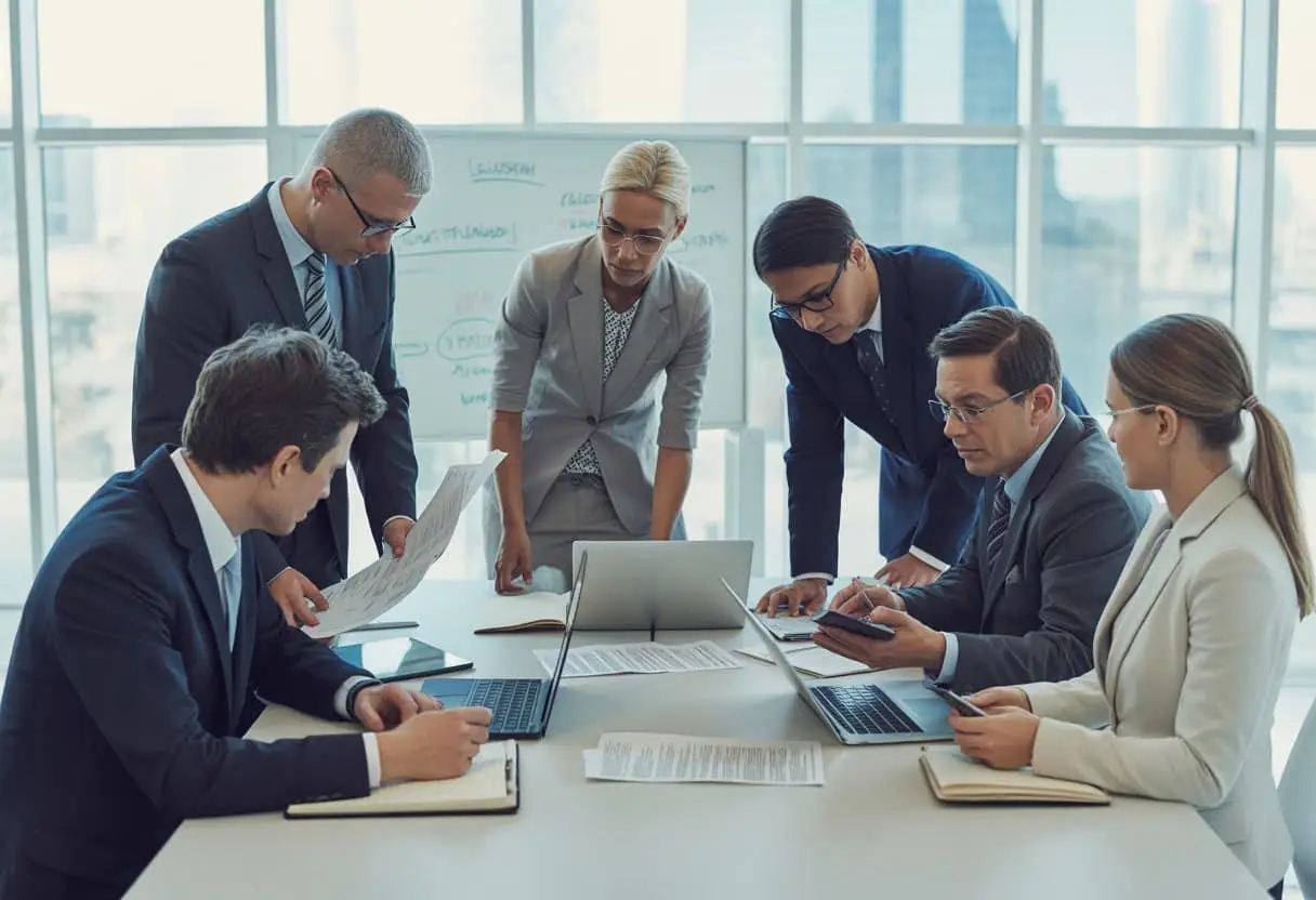 Een groep zakelijke professionals bespreekt documenten en laptops rond een vergadertafel in een kantoor met uitzicht op de stad.