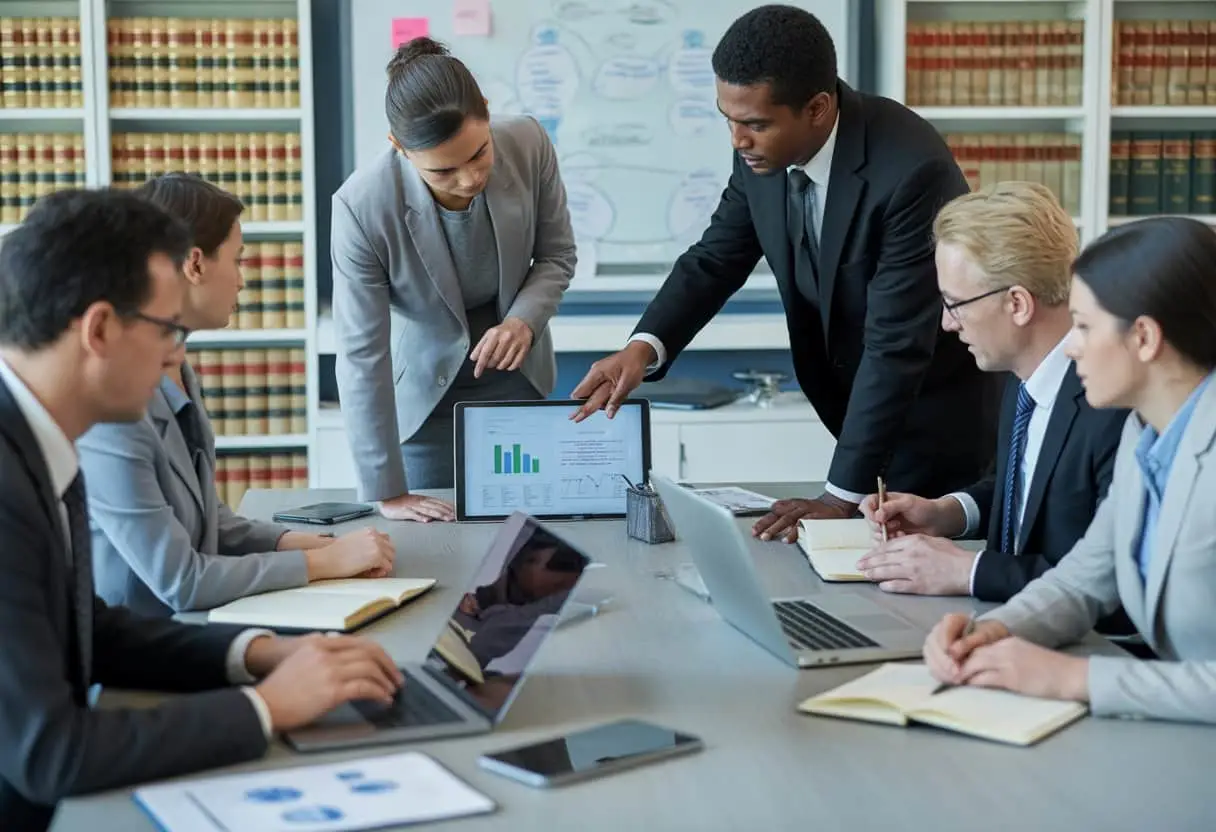 Een groep zakelijke professionals in een kantoor overlegt rond een tafel met laptops en documenten, bezig met de voorbereiding van een juridisch onderzoek.