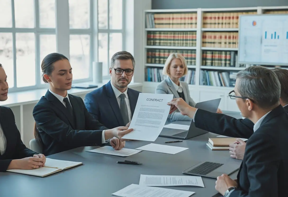 Een groep zakelijke professionals zit rond een vergadertafel in een kantoor, waarbij iemand een getekend contract aan een ander overhandigt.