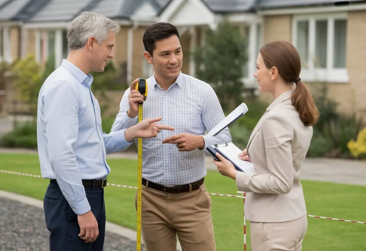 Twee buren en een landmeter staan bij een erfgrens en bespreken de grenzen van hun eigendommen.