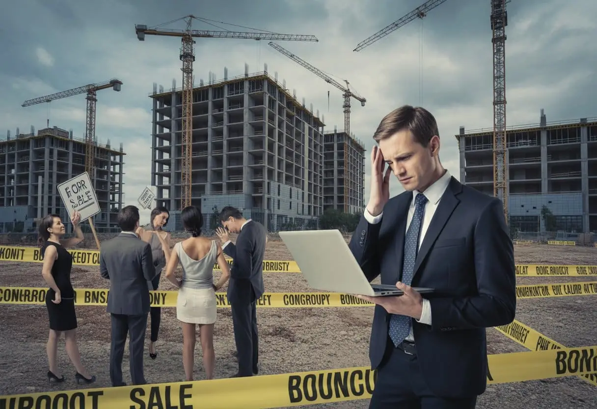 Wat zijn de gevolgen van een faillissement van een projectontwikkelaar? Uitgebreide gids voor betrokken partijen 1 Een bouwplaats met onafgemaakte gebouwen en mensen die bezorgd documenten bekijken en overleggen.