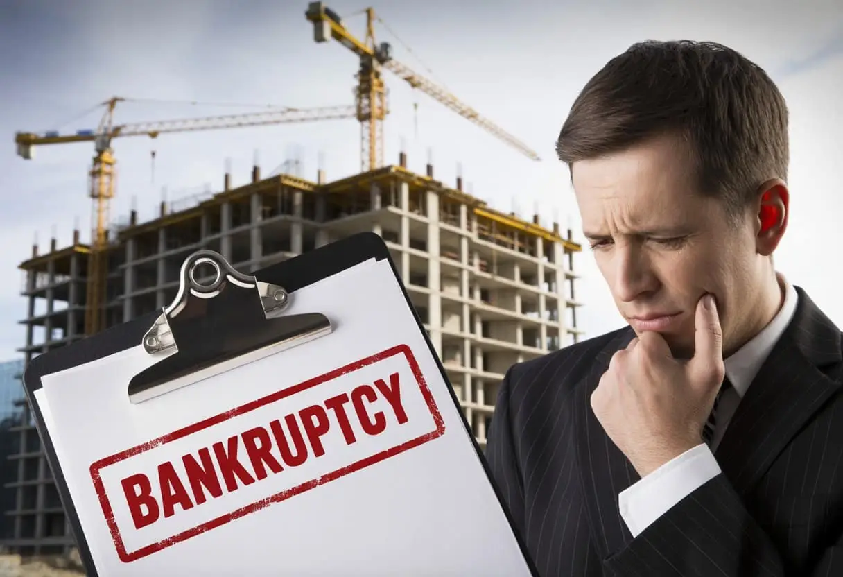 Wat zijn de gevolgen van een faillissement van een projectontwikkelaar? Uitgebreide gids voor betrokken partijen 2 Een bouwplaats met onafgemaakte gebouwen en een bezorgde zakenpersoon die documenten bekijkt, wat de gevolgen van het faillissement van een projectontwikkelaar symboliseert.