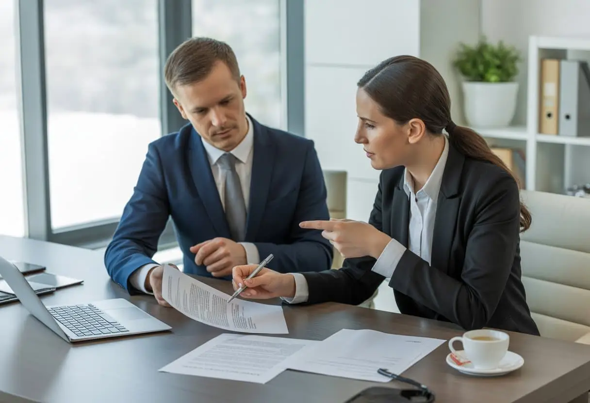 Twee zakelijke professionals bespreken een huurovereenkomst in een modern kantoor met documenten op tafel.