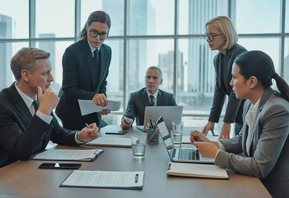 Wat zijn de gevolgen van een faillissement van een projectontwikkelaar? Uitgebreide gids voor betrokken partijen 3 Een zakelijke vergadering met professionals die documenten en contracten bespreken in een modern kantoor.