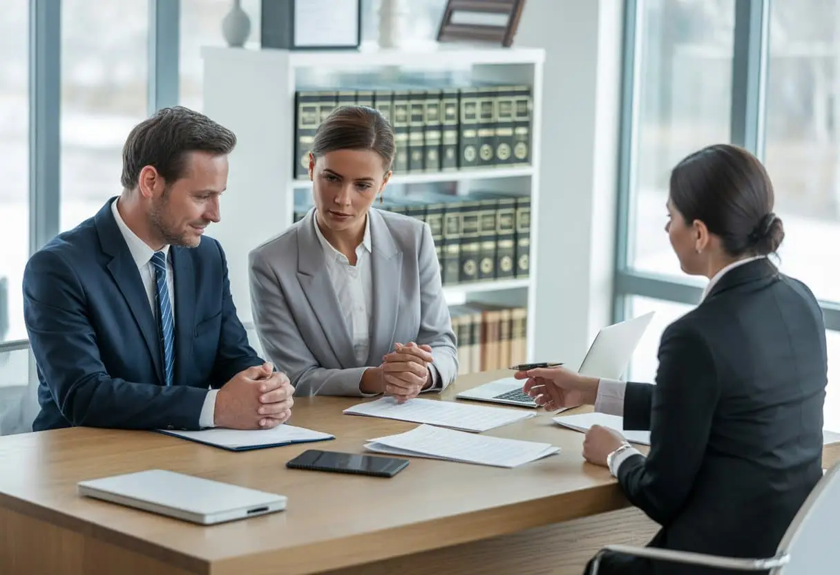Een verhuurder, huurder en juridisch adviseur zitten aan een bureau in een kantoor en bespreken documenten.