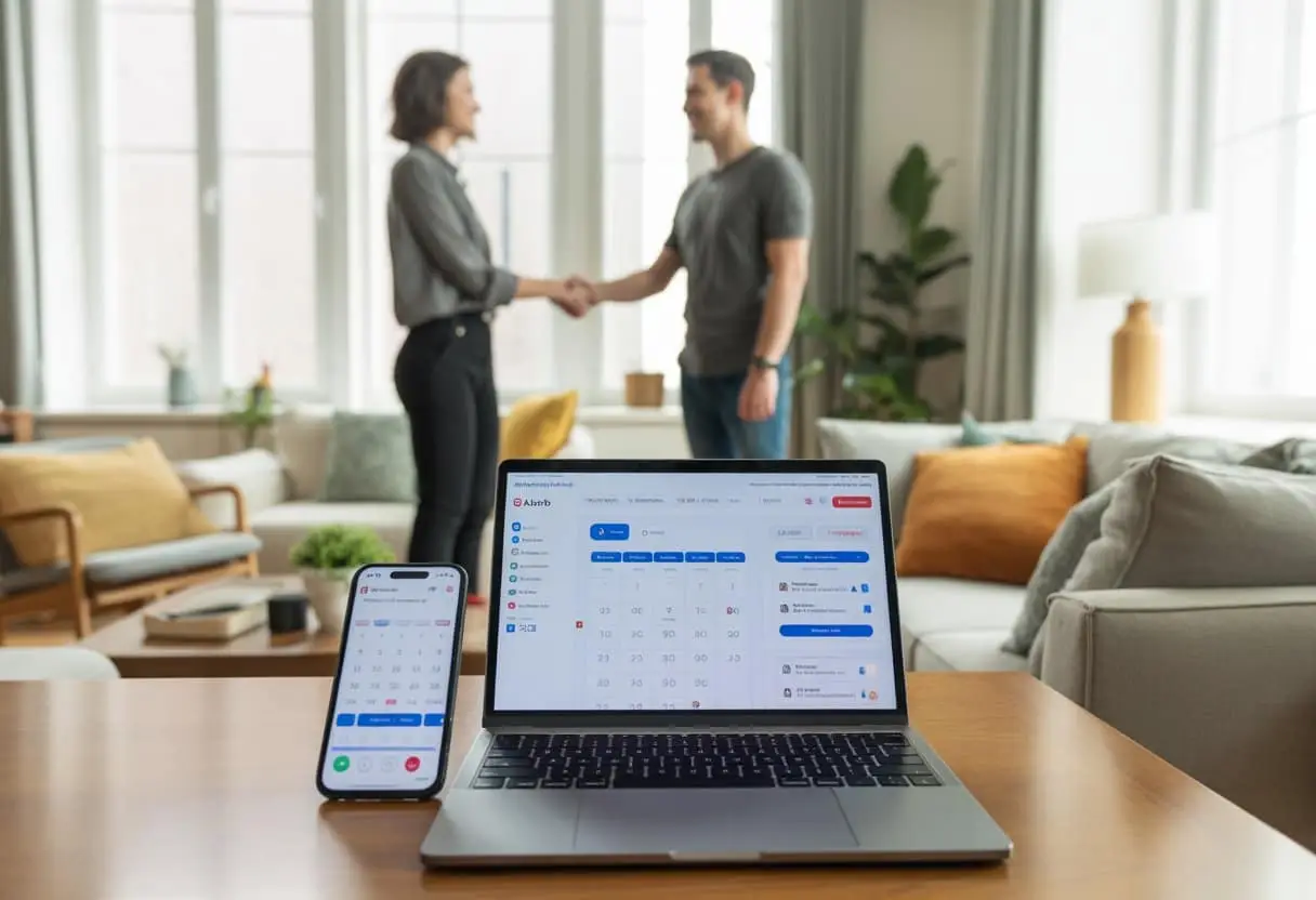 De juridische aspecten van Airbnb en kortetermijnverhuur: regels, risico’s en praktische tips 1 Een moderne woonkamer met een laptop en smartphone op tafel, en twee mensen die elkaar de hand schudden.