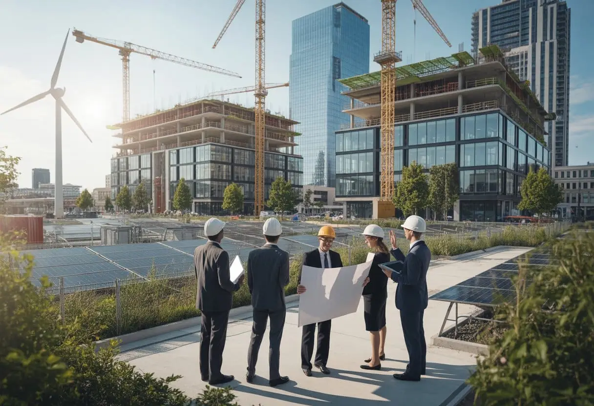 Een bouwplaats met moderne, duurzame gebouwen en mensen die plannen bespreken.