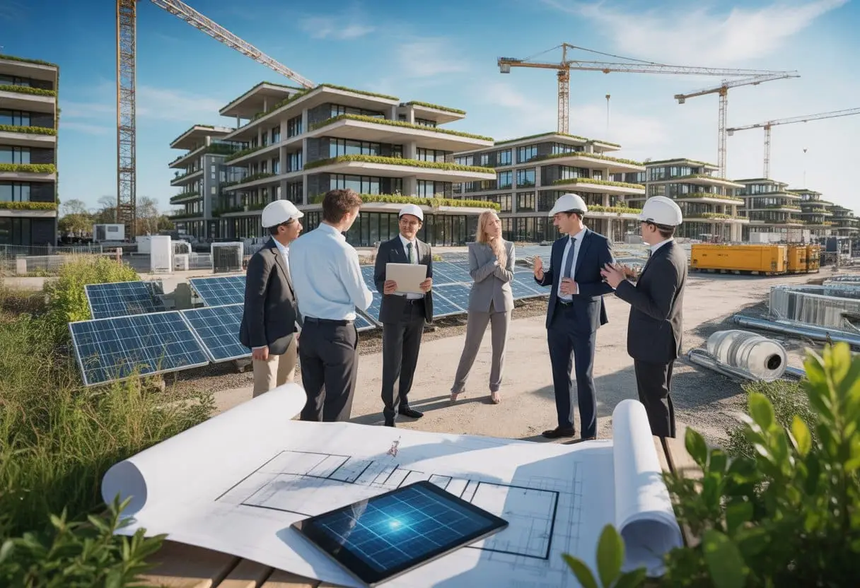 Een groep professionals bespreekt duurzaam vastgoed op een bouwplaats met groene daken en zonnepanelen.