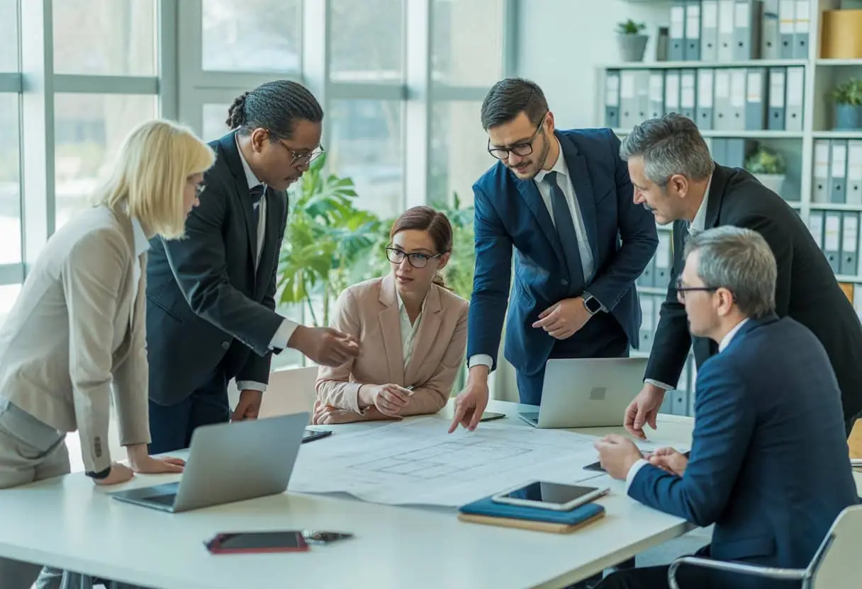 Hoe voorkomt u conflicten bij projectontwikkeling? Praktische aanpak en tips 1 Een groep mensen in een kantoor die samen aan een project werken en over documenten praten.