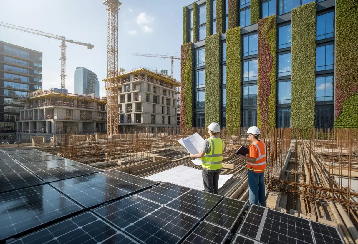 Een bouwplaats met moderne gebouwen en duurzame elementen zoals zonnepanelen en groene muren, waar bouwvakkers plannen bekijken.