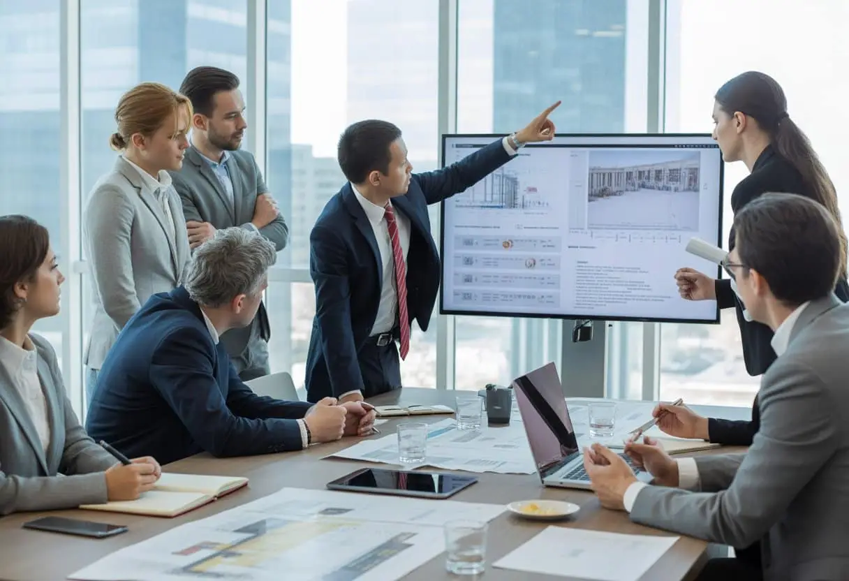 Hoe voorkomt u conflicten bij projectontwikkeling? Praktische aanpak en tips 2 Een groep professionals bespreekt projectontwikkeling rond een vergadertafel in een modern kantoor.