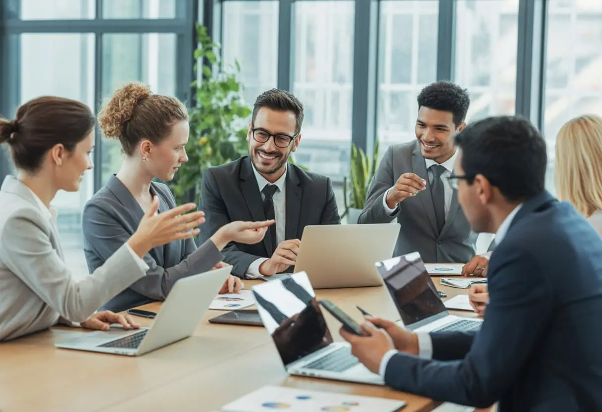 Hoe voorkomt u conflicten bij projectontwikkeling? Praktische aanpak en tips 3 Een diverse groep zakelijke professionals die samen aan een tafel in een kantoor vergadert en overlegt.