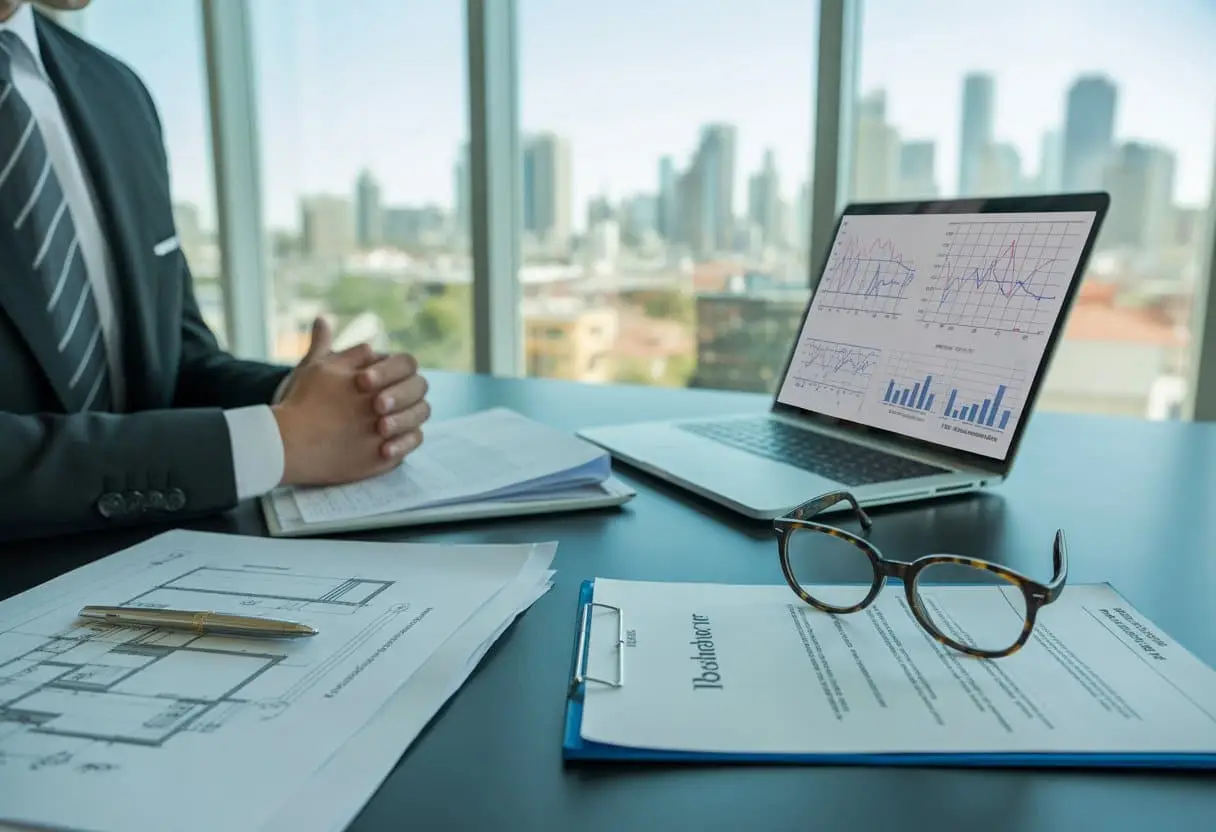 Een zakelijk persoon zit aan een bureau met bouwtekeningen, financiële documenten en een laptop, met op de achtergrond een stadsgezicht met gebouwen.