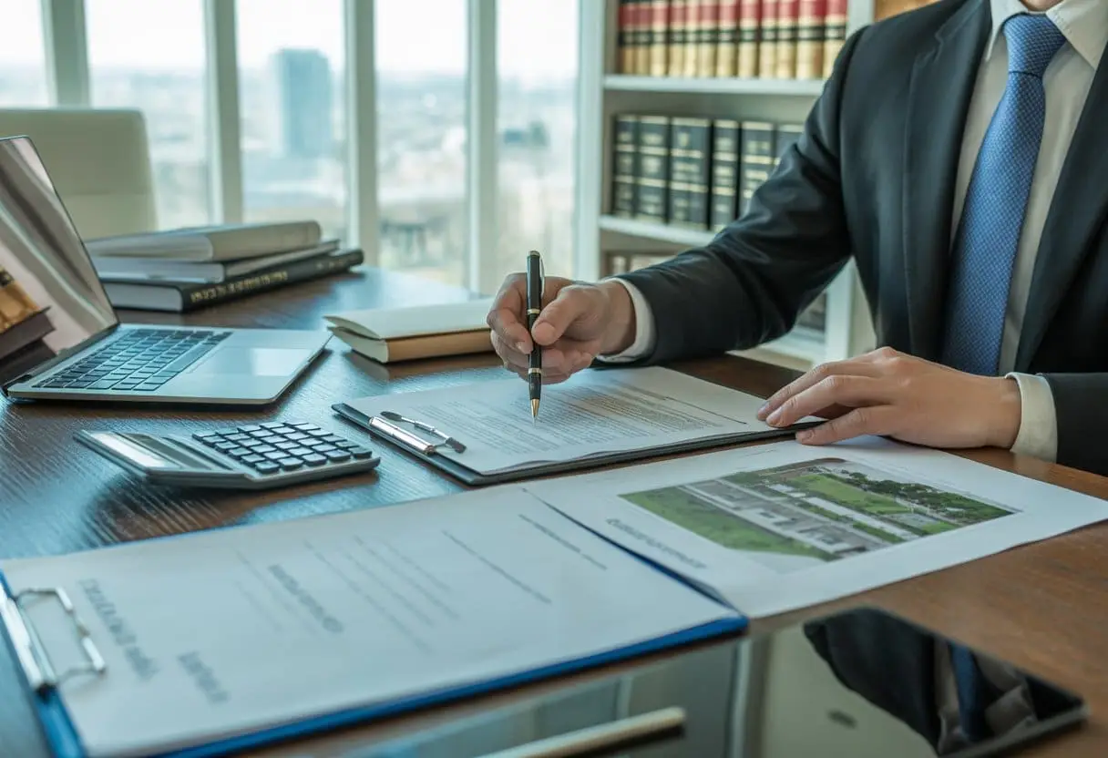 Een advocaat bespreekt vastgoedfinanciering met een cliënt aan een bureau met documenten en een laptop.